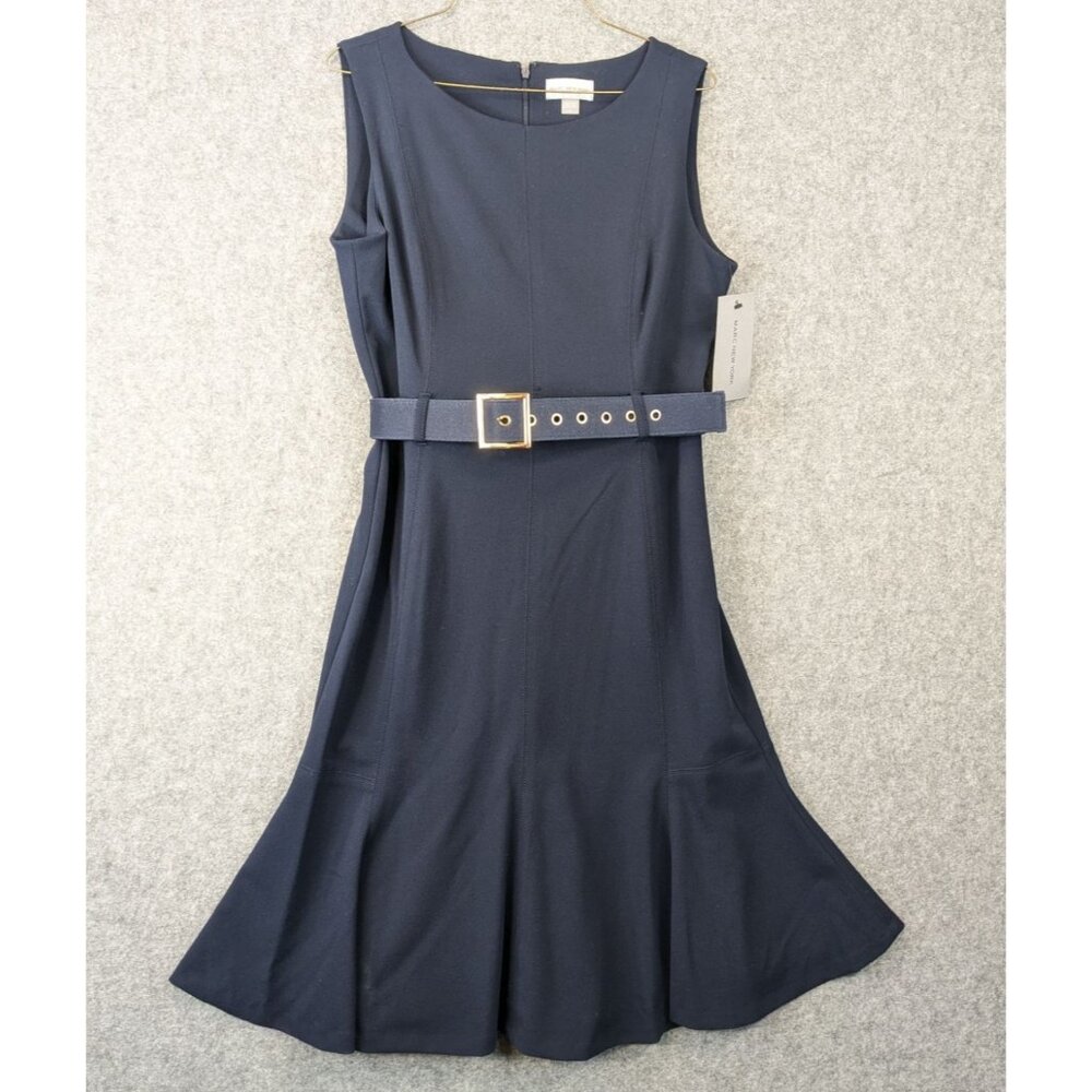 Marc New York Navy Blue Belted Flared A-Line Dress Chic Workwear NWT Womens 10